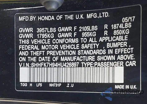 2017 Honda Civic Sport Touring z USA, uszkodzony, nr VIN SHHFK7H94HU426897